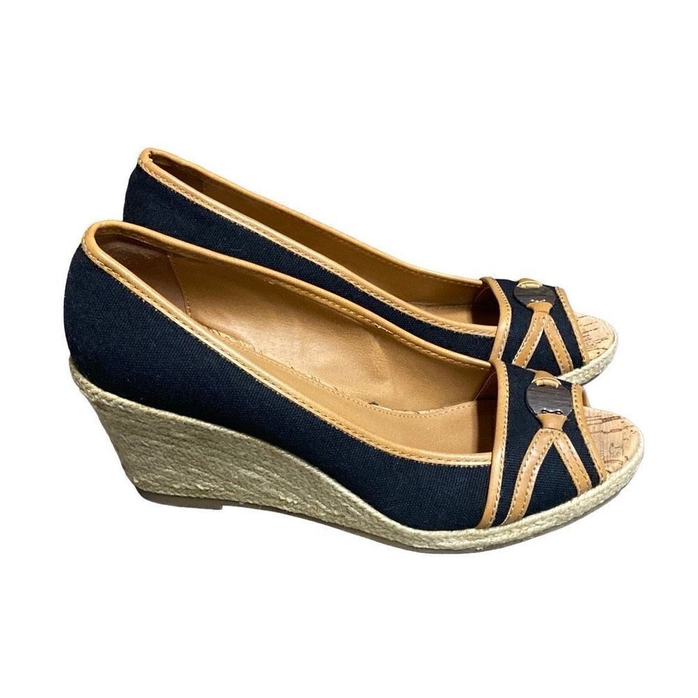 Sahara Ellison Black & Tan Espadrille Open Toe Wedge Size 9
